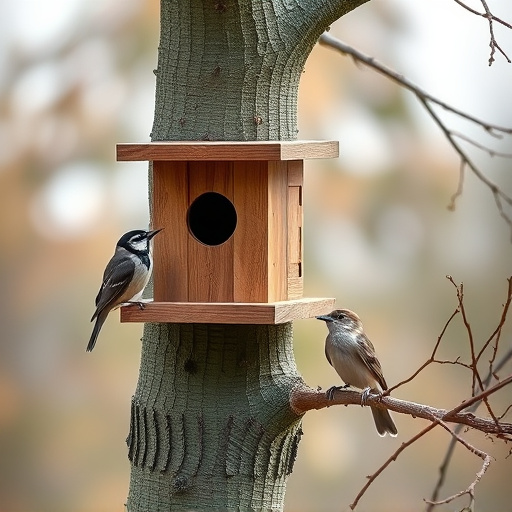 Tree-mounted bird box with bird nearby