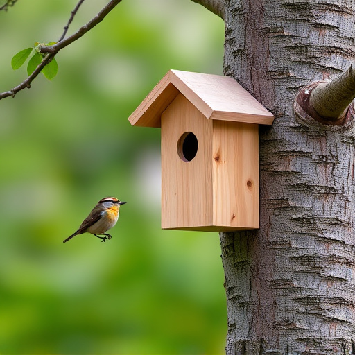 Tree-mounted bird box with bird nearby