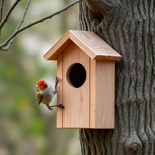 Tree-mounted bird box with bird nearby