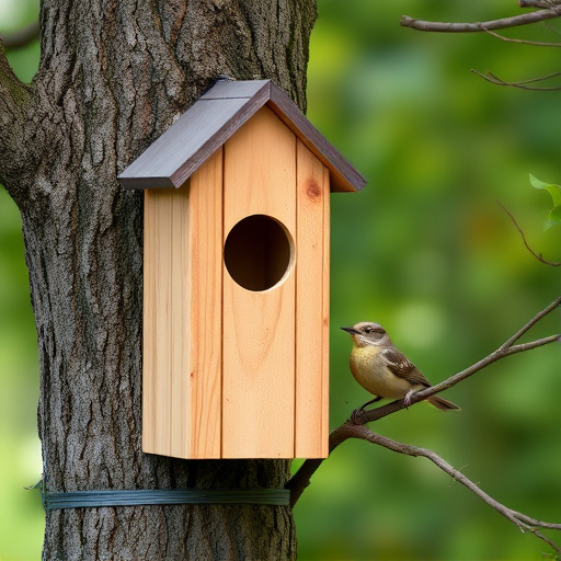 Tree-mounted bird box with bird nearby