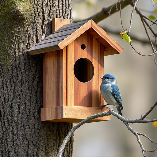 Tree-mounted bird box with bird nearby