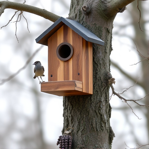 Tree-mounted bird box with bird nearby