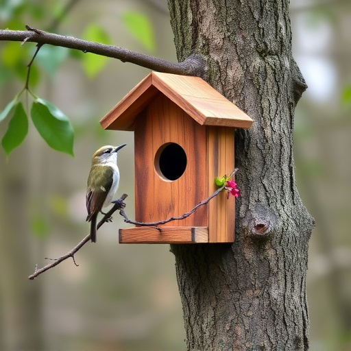 Tree-mounted bird box with bird nearby