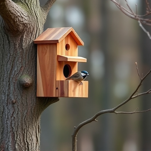 Tree-mounted bird box with bird nearby