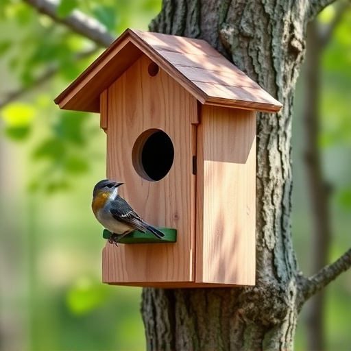 Tree-mounted bird box with bird nearby