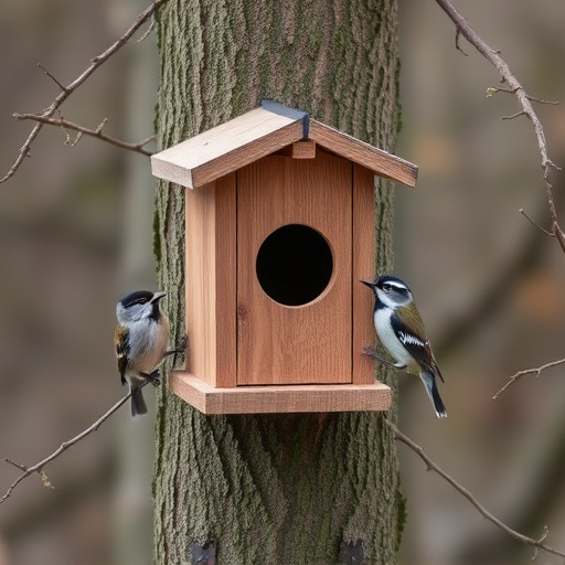 Tree-mounted bird box with bird nearby