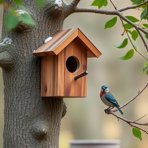 Tree-mounted bird box with bird nearby