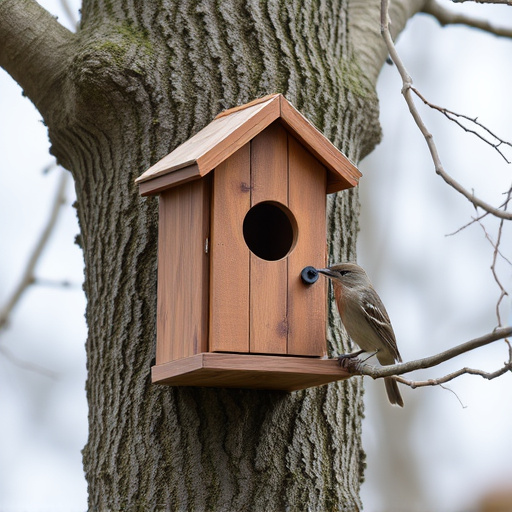 Tree-mounted bird box with bird nearby