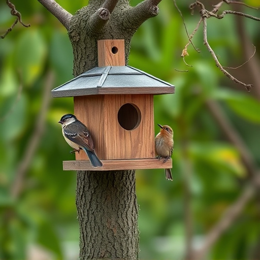 Tree-mounted bird box with bird nearby