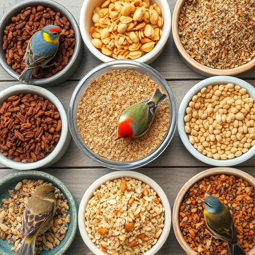 Variety of bird seed in bowls