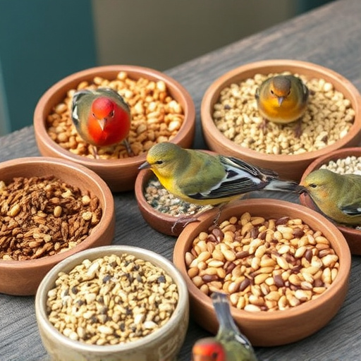 Variety of bird seed in bowls