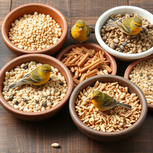 Variety of bird seed in bowls