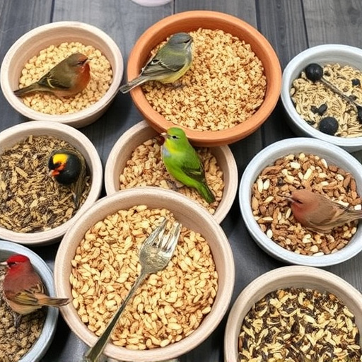 Variety of bird seed in bowls