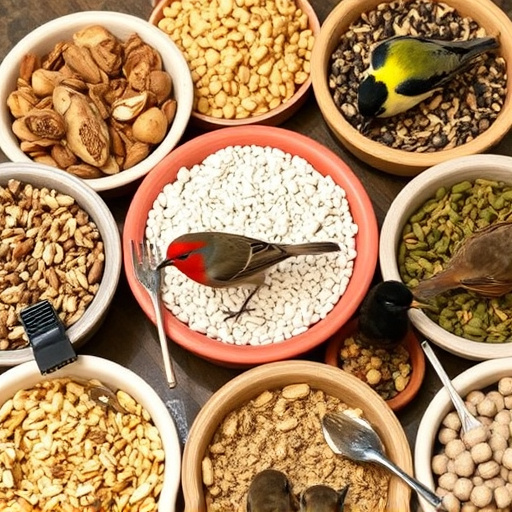 Variety of bird seed in bowls