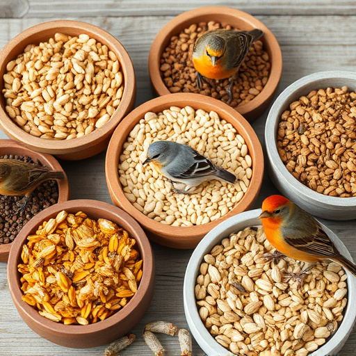Variety of bird seed in bowls