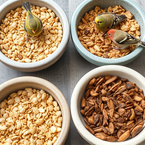 Variety of bird seed in bowls