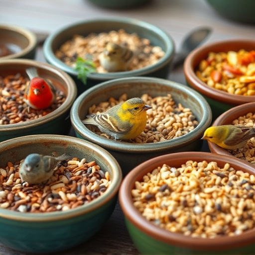 Variety of bird seed in bowls