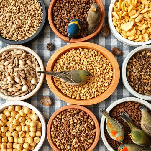 Variety of bird seed in bowls