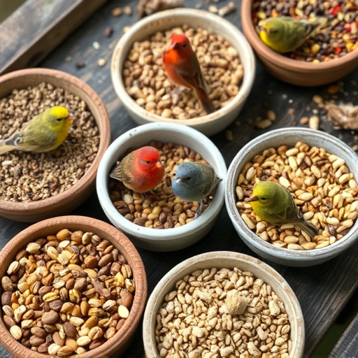 Variety of bird seed in bowls