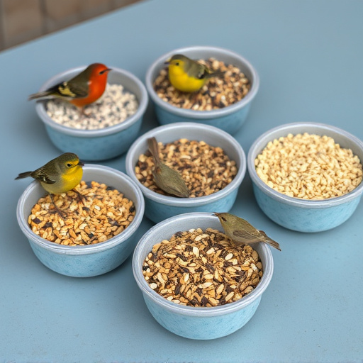 Variety of bird seed in bowls