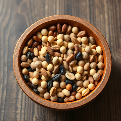 Variety of seeds in wooden bowl