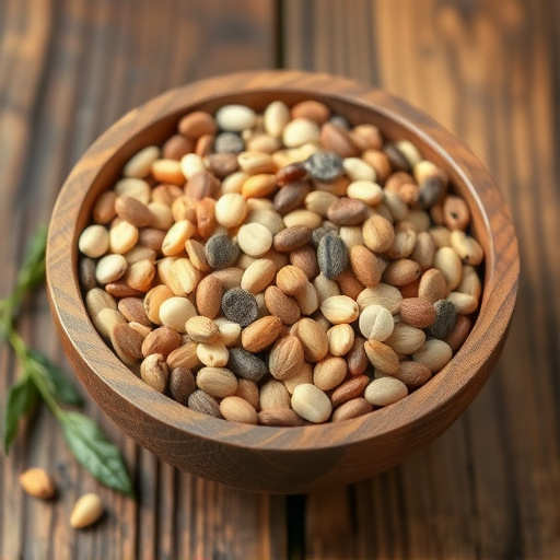 Variety of seeds in wooden bowl