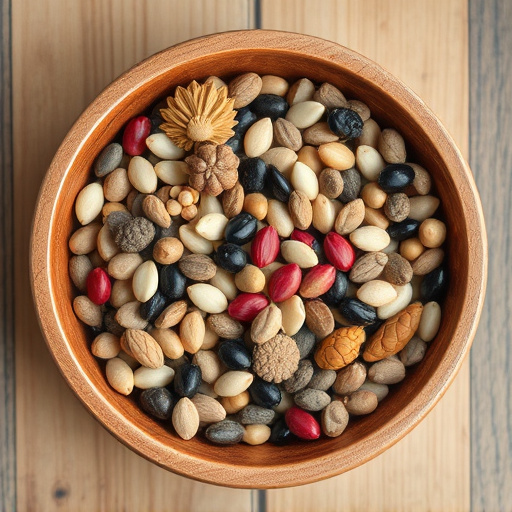 Variety of seeds in wooden bowl