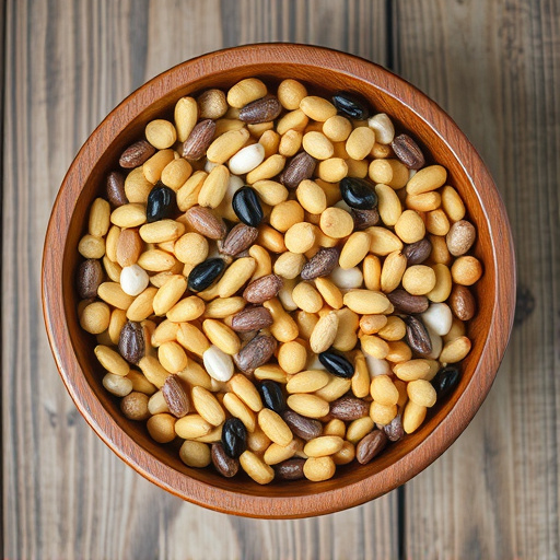 Variety of seeds in wooden bowl