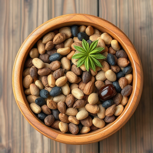 Variety of seeds in wooden bowl