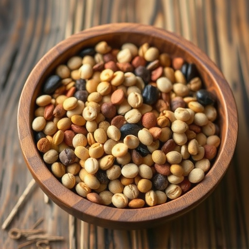 Variety of seeds in wooden bowl