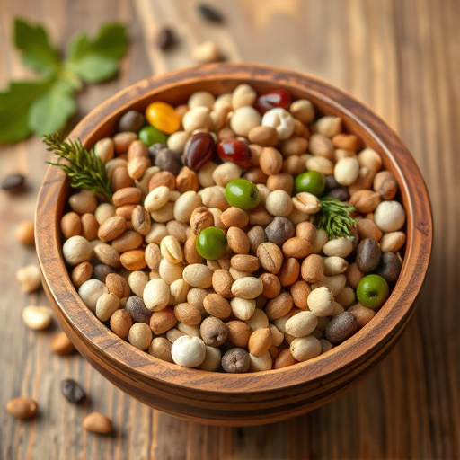 Variety of seeds in wooden bowl