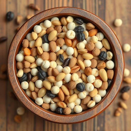 Variety of seeds in wooden bowl