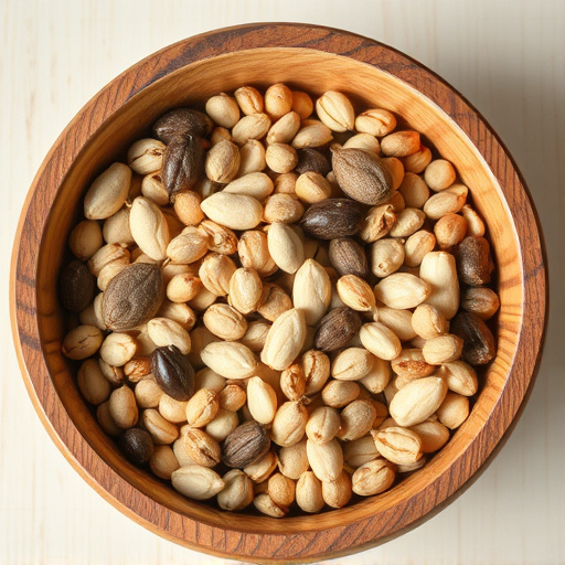 Variety of seeds in wooden bowl