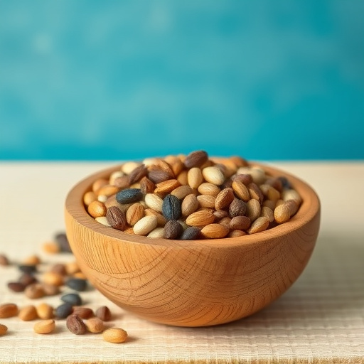 Variety of seeds in wooden bowl