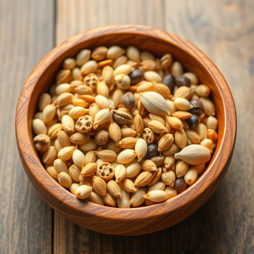 Variety of seeds in wooden bowl