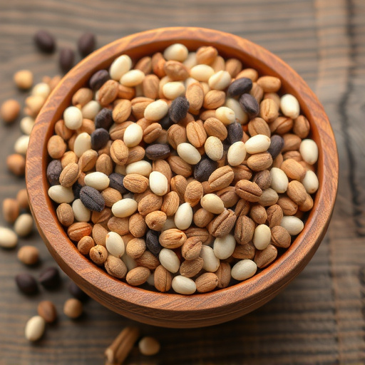 Variety of seeds in wooden bowl