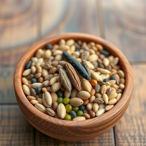 Variety of seeds in wooden bowl