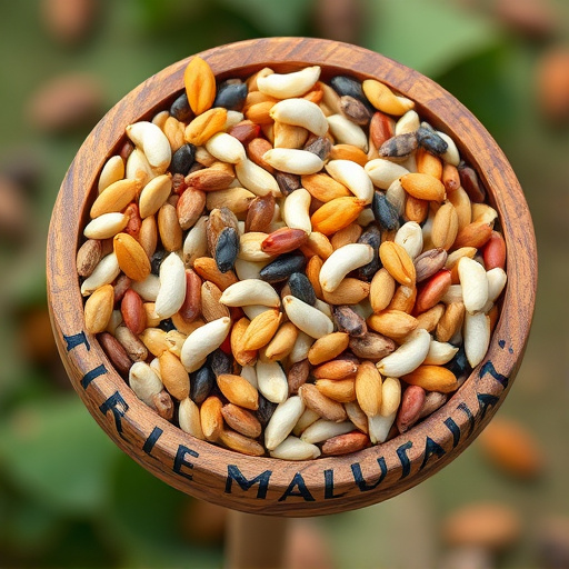 Variety of seeds in wooden feeder