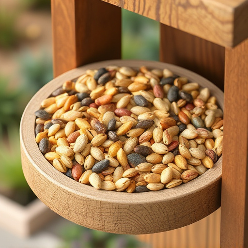 Variety of seeds in wooden feeder