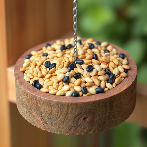 Variety of seeds in wooden feeder