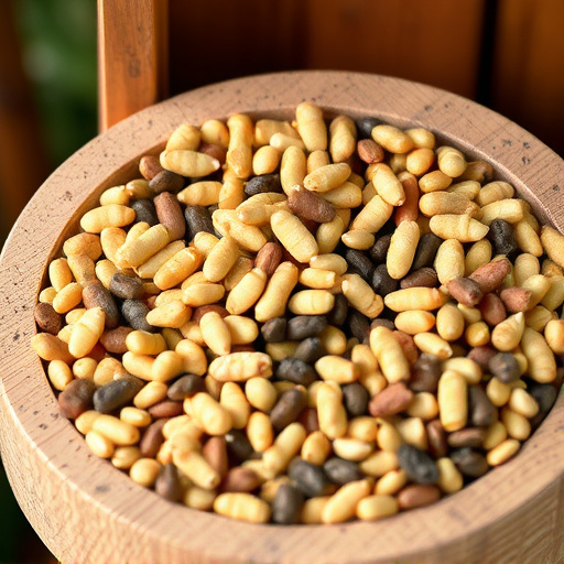 Variety of seeds in wooden feeder