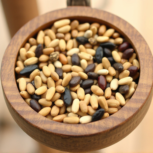 Variety of seeds in wooden feeder