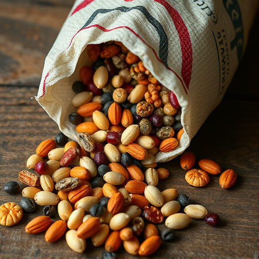 Variety of seeds spilling from bag