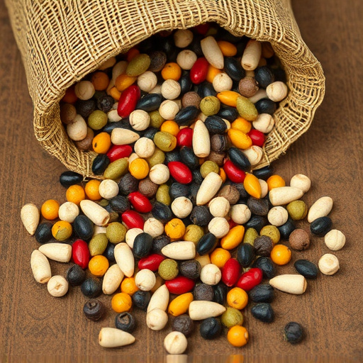 Variety of seeds spilling from bag
