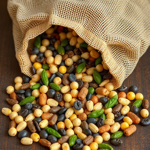 Variety of seeds spilling from bag