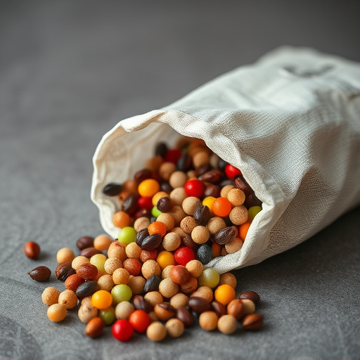 Variety of seeds spilling from bag