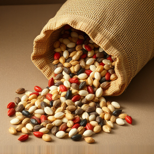 Variety of seeds spilling from bag