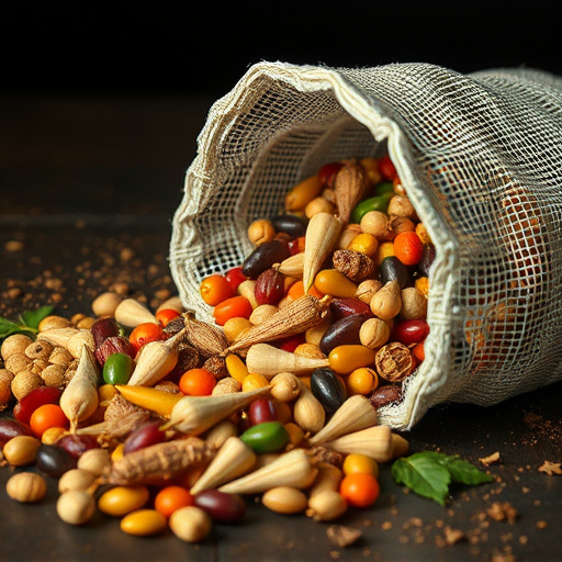 Variety of seeds spilling from bag