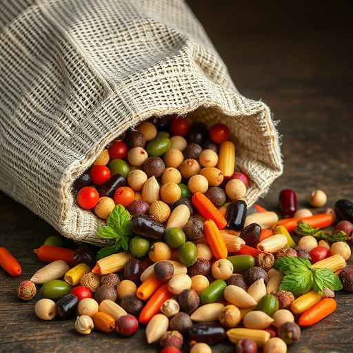Variety of seeds spilling from bag