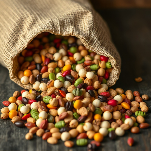 Variety of seeds spilling from bag